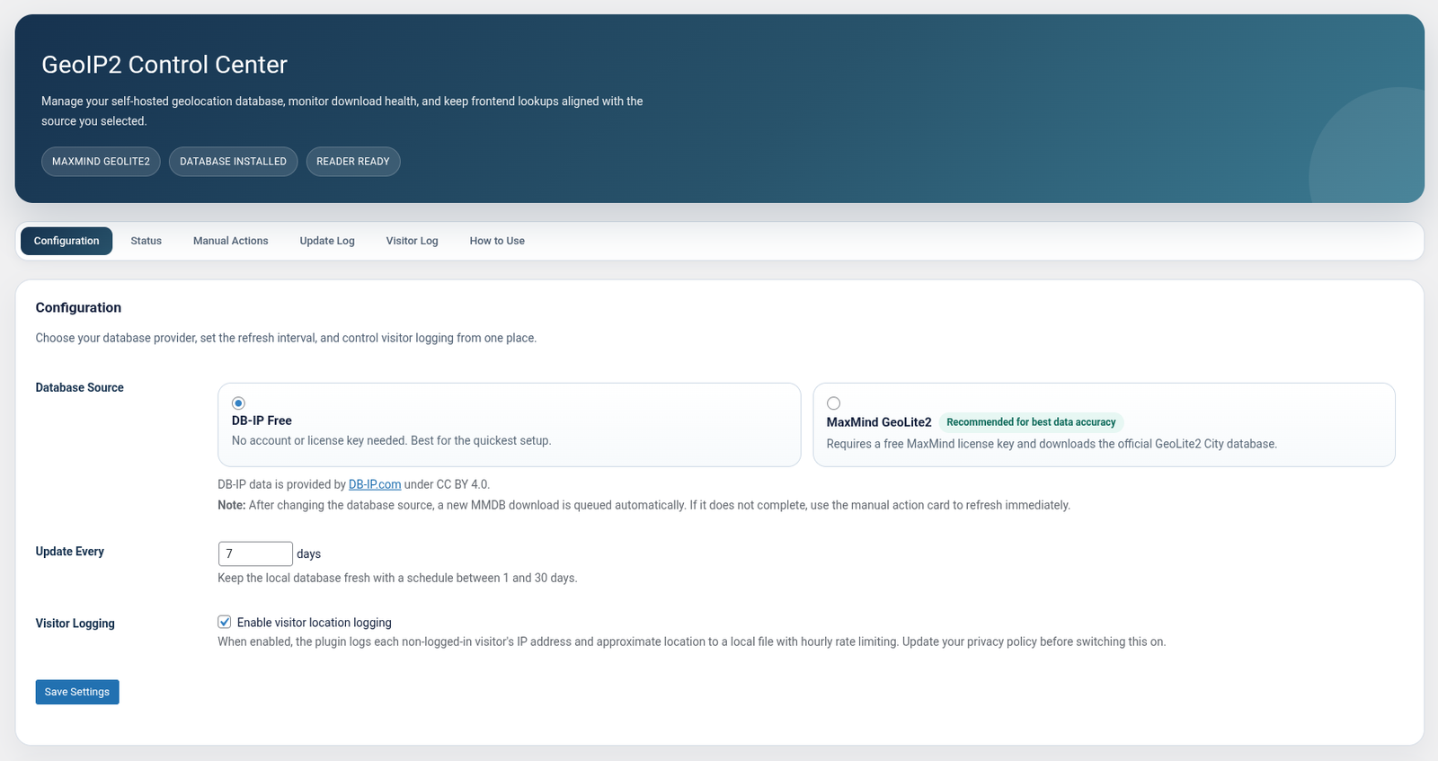 GeoIP2 Self-Contained settings page overview