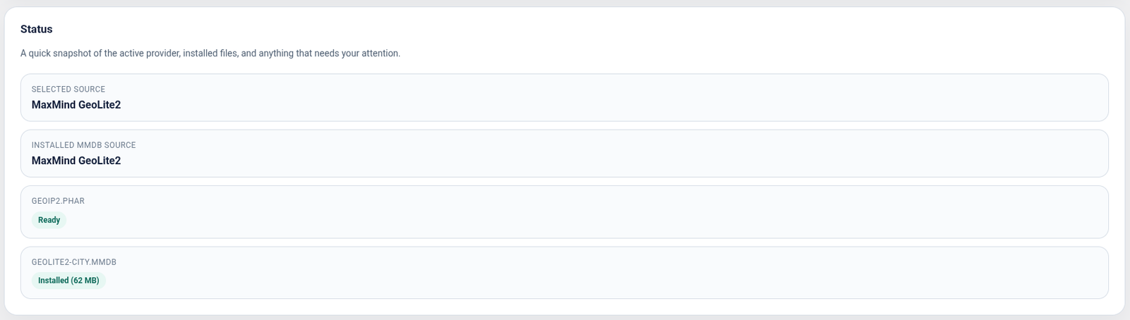 GeoIP2 Self-Contained status panel