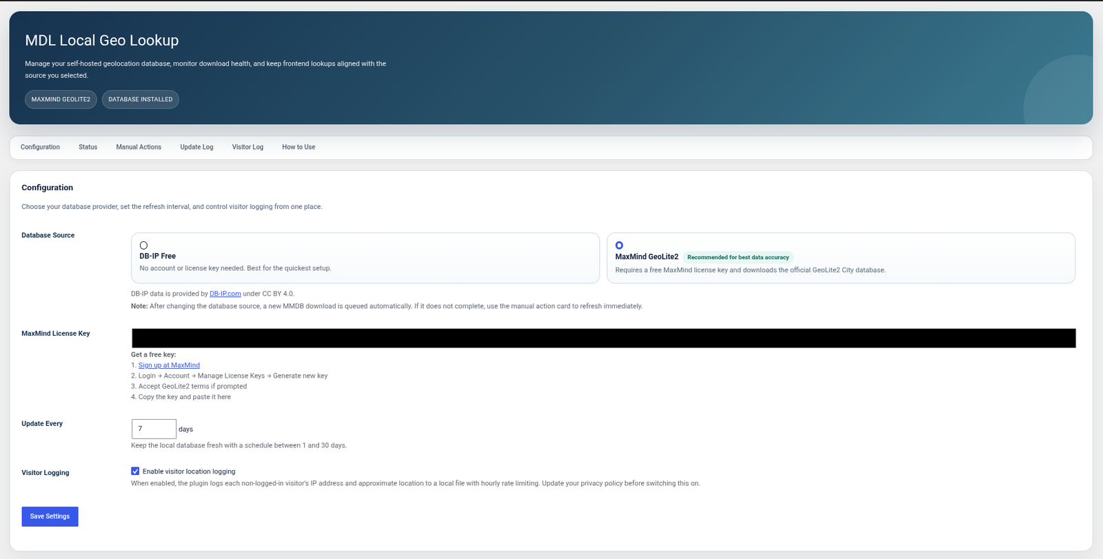 MDL Local Geo Lookup settings page
