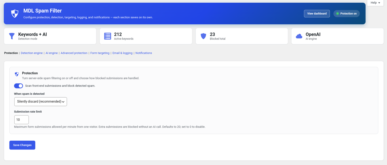 MDL Spam Filter settings screen with detection mode and AI provider options