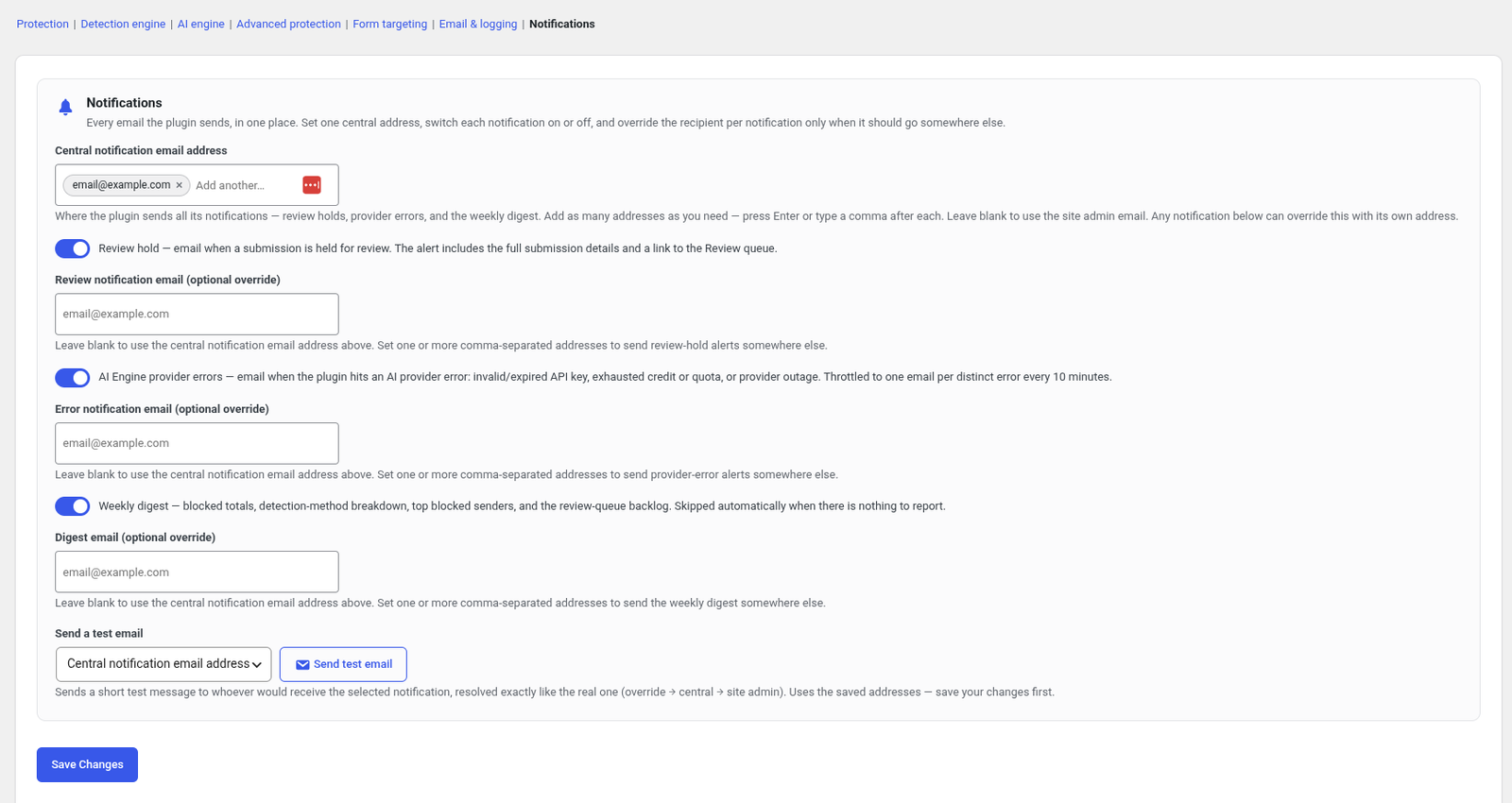 MDL Spam Filter notifications screen with multi-email picker and send-test button
