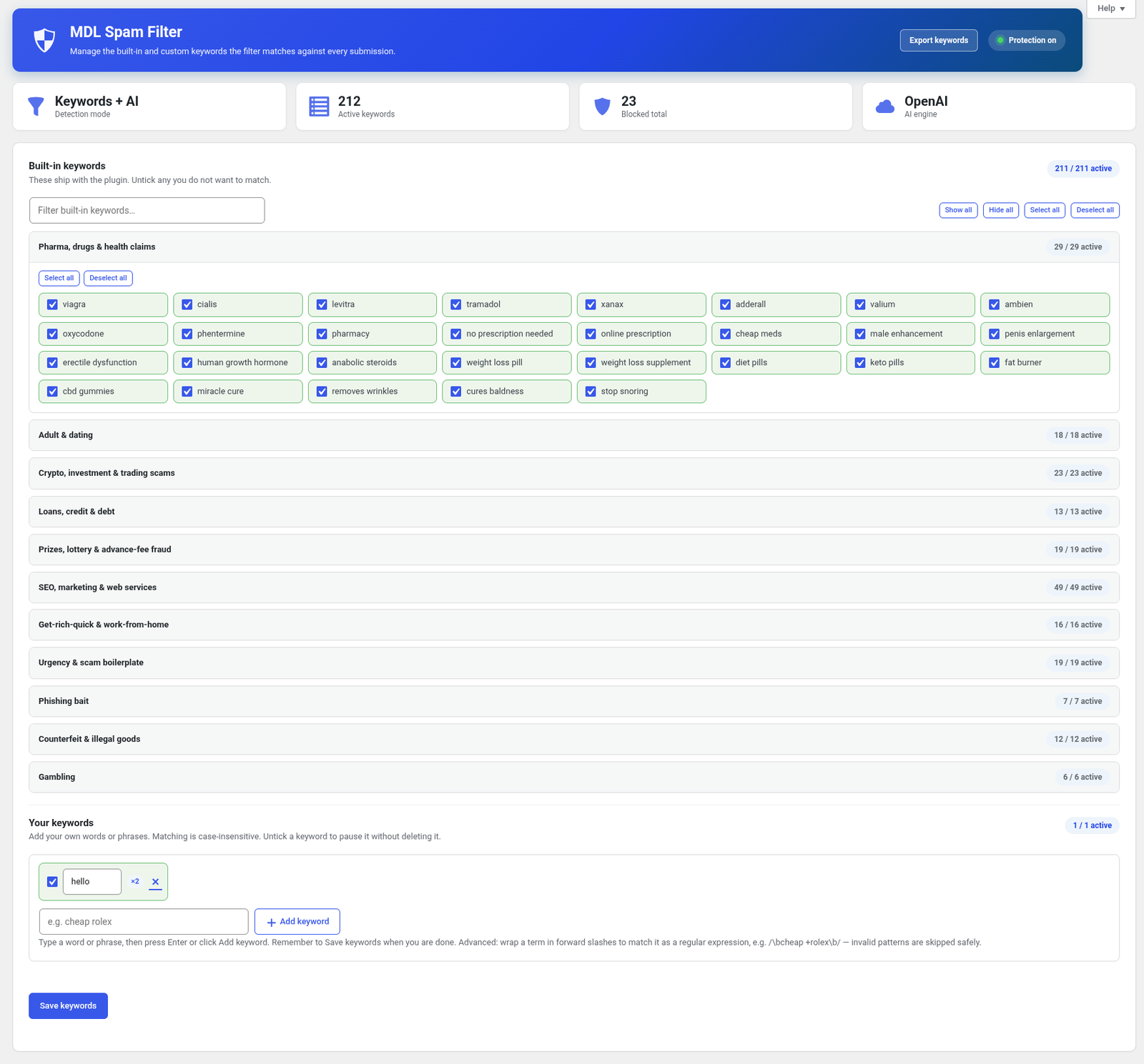 MDL Spam Filter keywords screen with categorised built-in keywords and custom keywords
