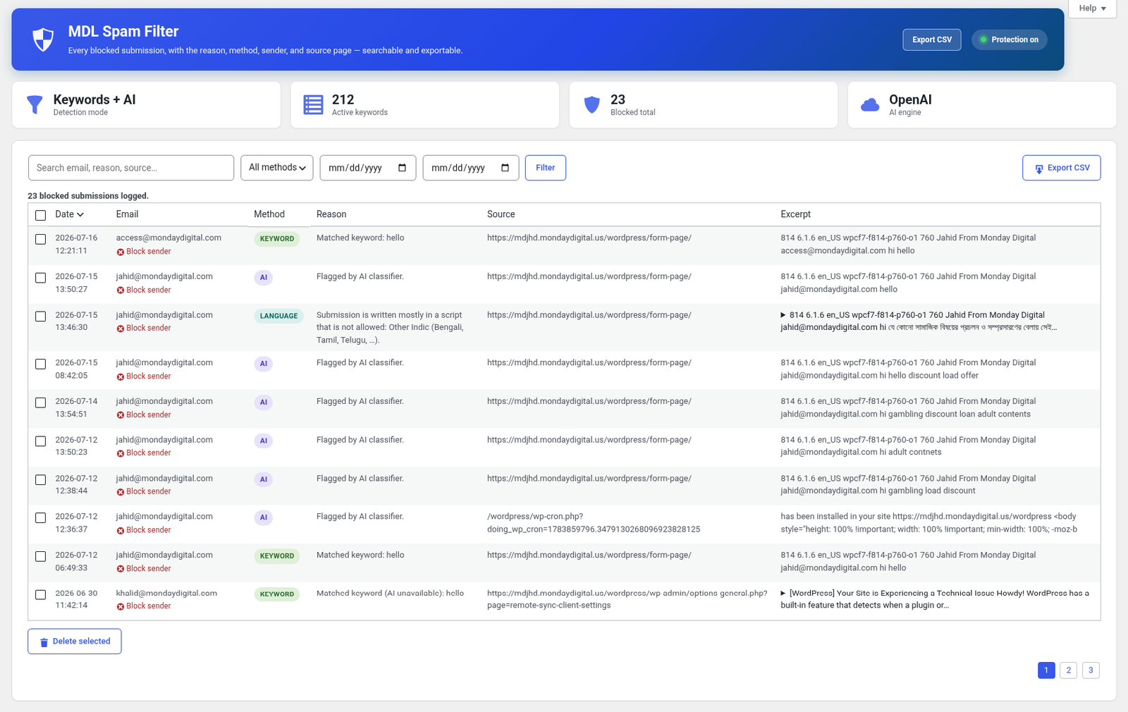 MDL Spam Filter filter log with search, filters, and CSV export