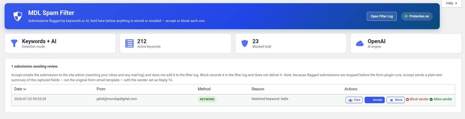 MDL Spam Filter review queue with accept, block, and turn-into-keyword actions